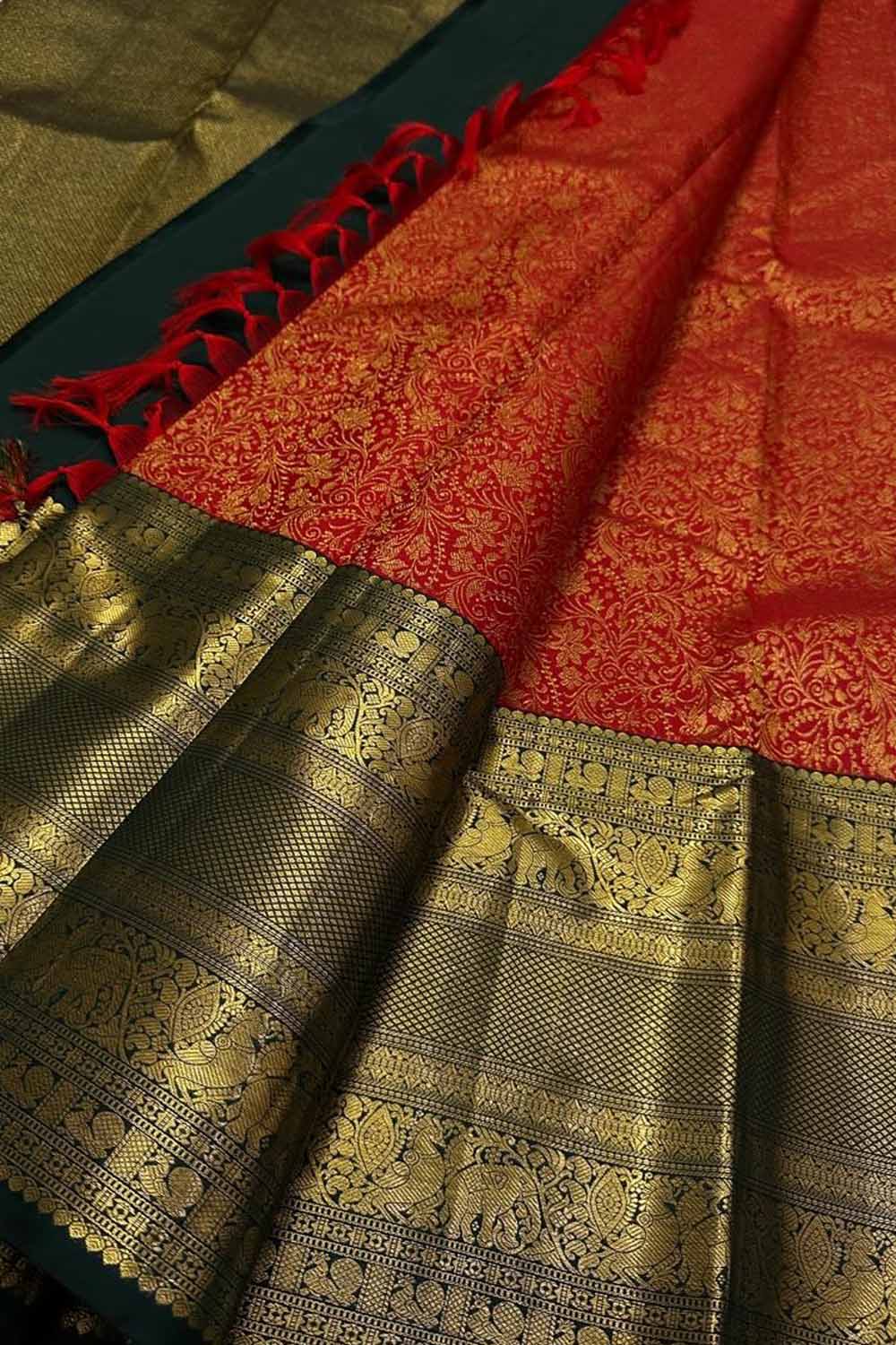 Red And Black Pure Handloom Kanjeevaram Silk Handloom Saree - Luxurion World