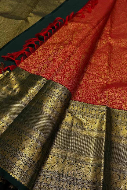 Red And Black Pure Handloom Kanjeevaram Silk Handloom Saree - Luxurion World