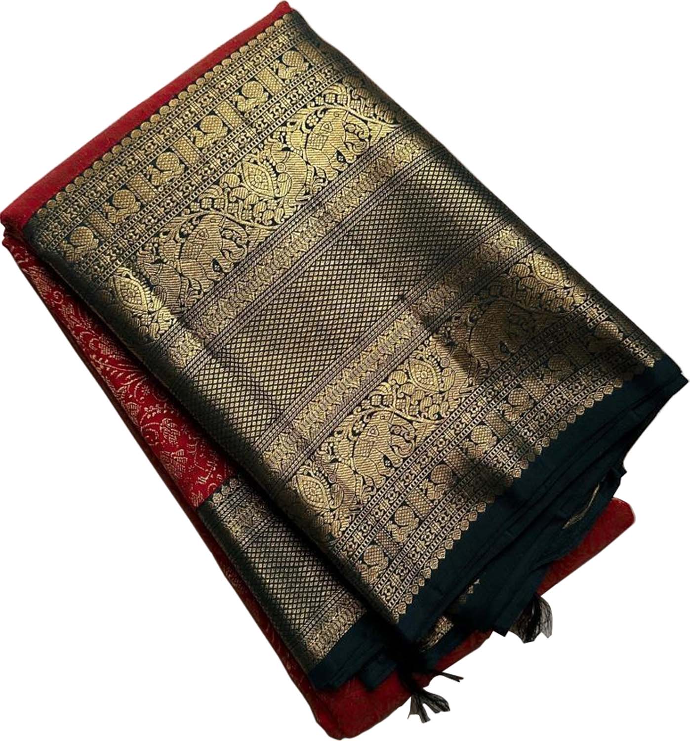 Red And Black Pure Handloom Kanjeevaram Silk Handloom Saree - Luxurion World