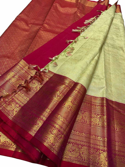 Red And Green Pure Handloom Kanjeevaram Silk Handloom Saree - Luxurion World