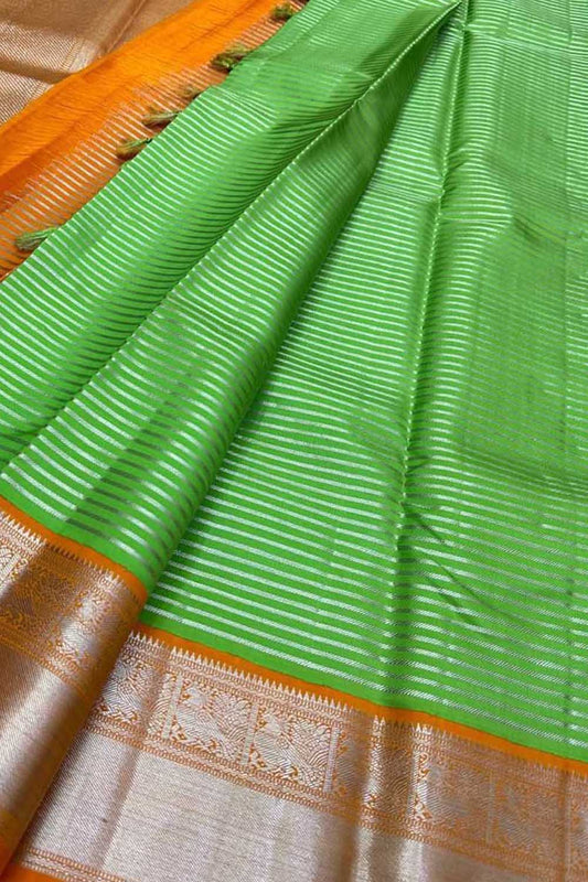 Green Handloom Kanjeevaram Pure Silk Stripe Design Saree - Luxurion World