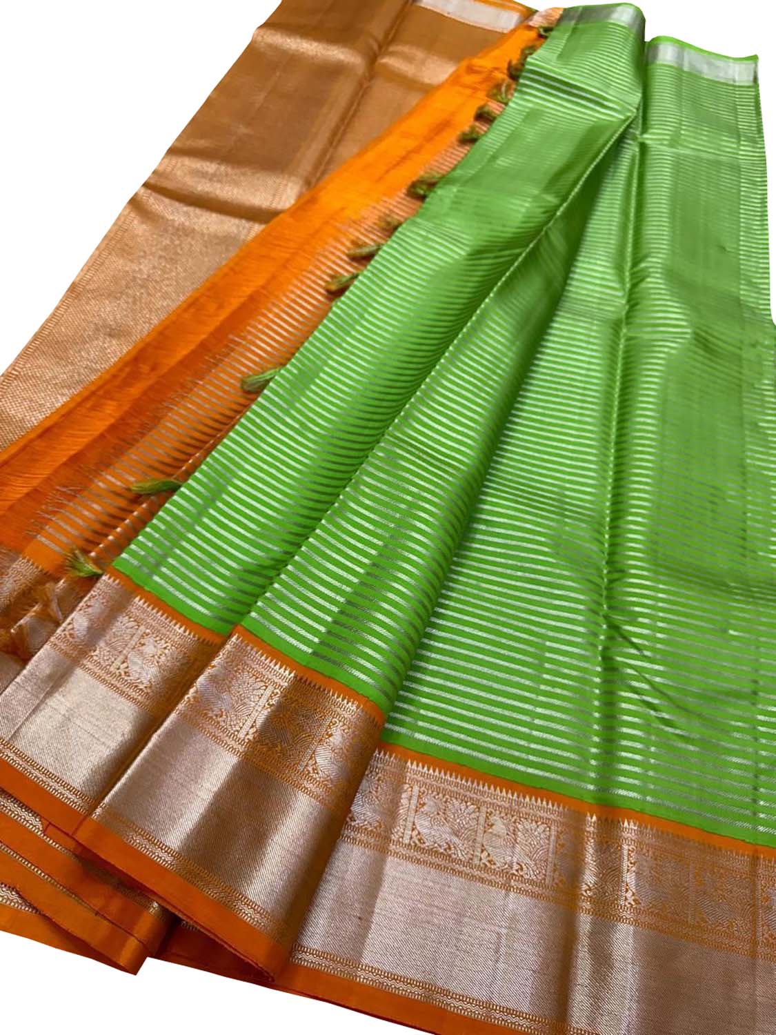 Green Handloom Kanjeevaram Pure Silk Stripe Design Saree - Luxurion World