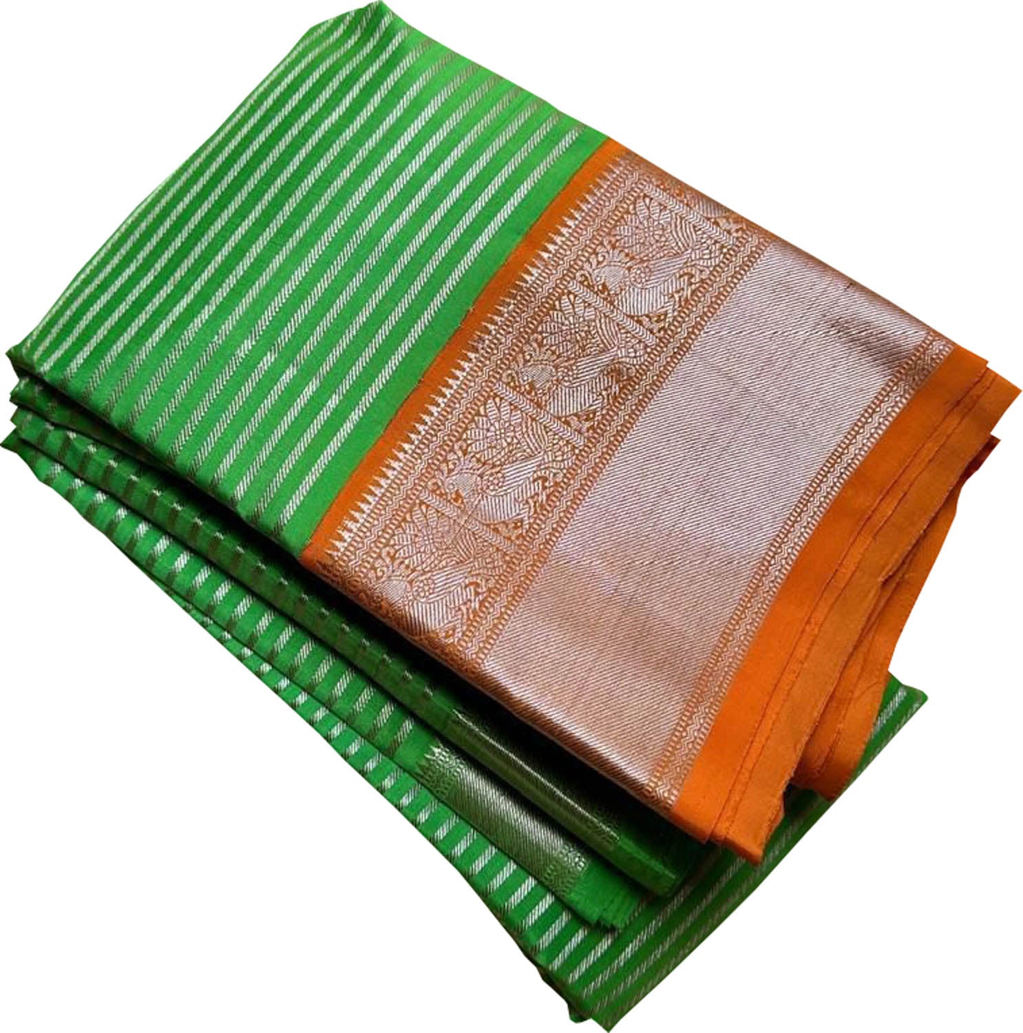 Green Handloom Kanjeevaram Pure Silk Stripe Design Saree - Luxurion World