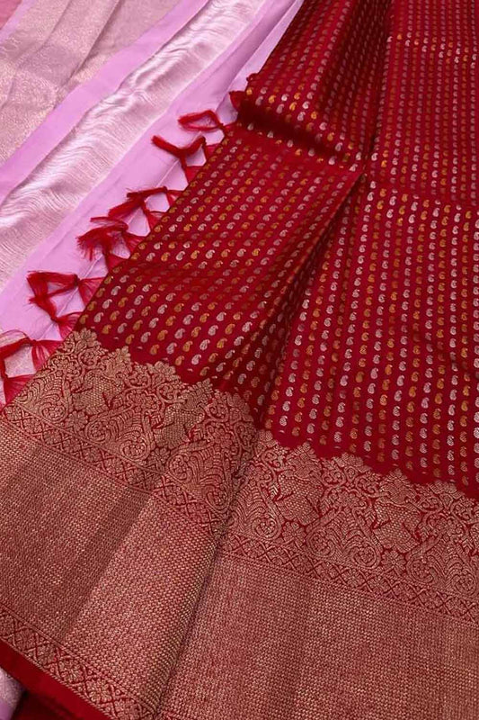 Exquisite Red Handloom Kanjeevaram Pure Silk Sona Roopa Saree - Luxurion World