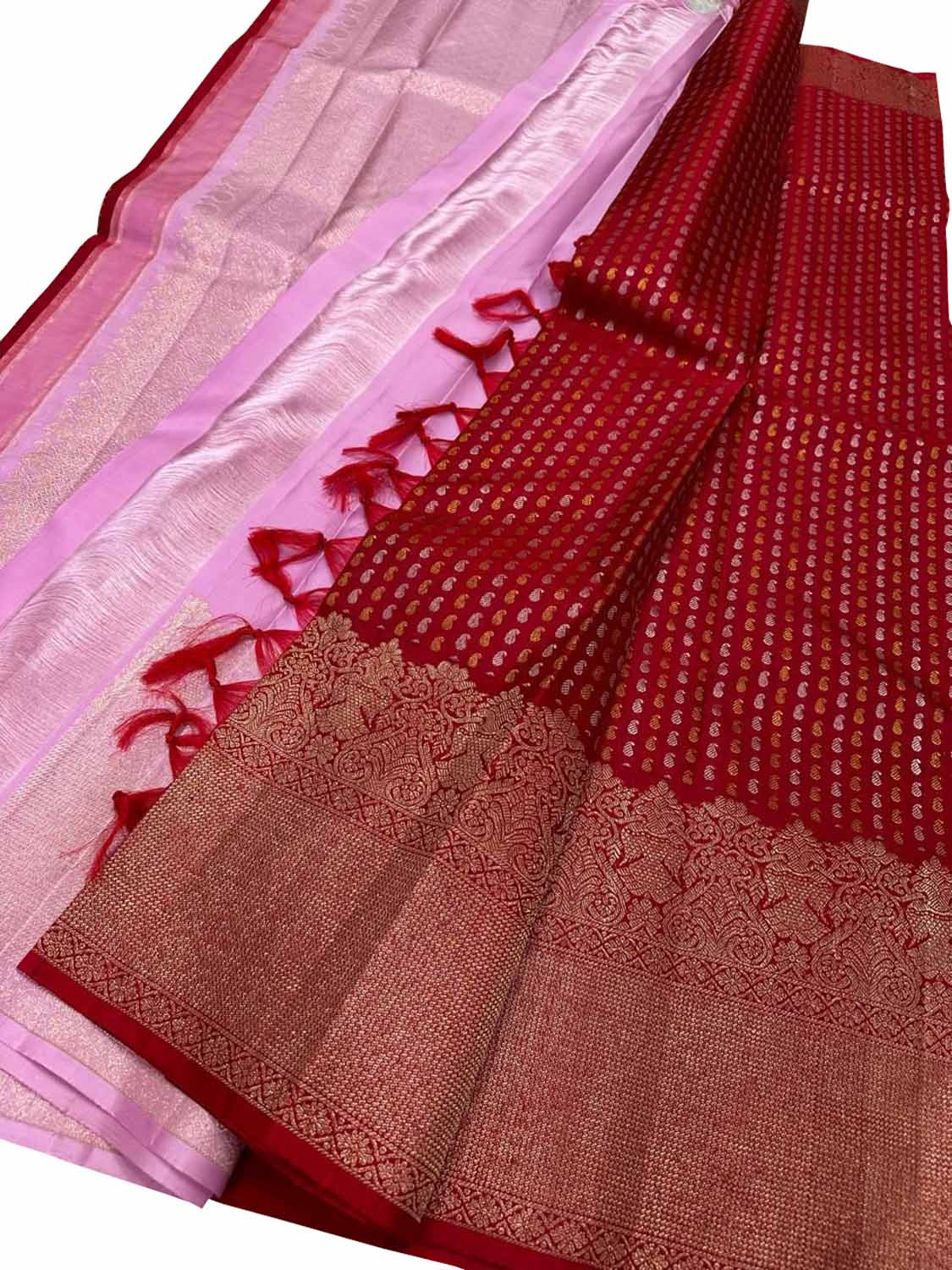 Exquisite Red Handloom Kanjeevaram Pure Silk Sona Roopa Saree - Luxurion World