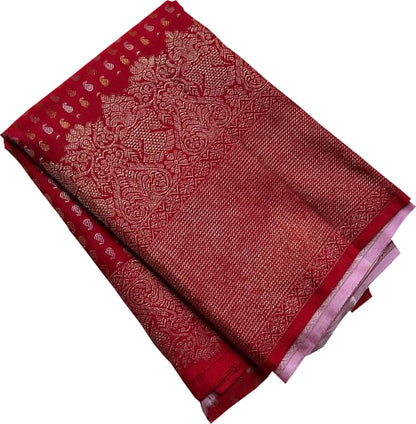 Exquisite Red Handloom Kanjeevaram Pure Silk Sona Roopa Saree - Luxurion World