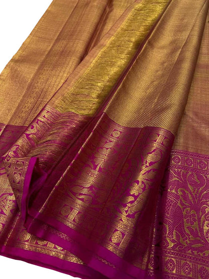 Exquisite Golden And Pink Handloom Kanjeevaram Pure Silk Saree - Luxurion World