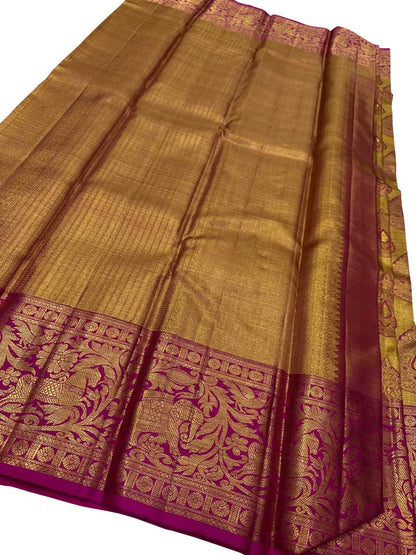 Exquisite Golden And Pink Handloom Kanjeevaram Pure Silk Saree - Luxurion World