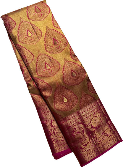 Exquisite Golden And Pink Handloom Kanjeevaram Pure Silk Saree - Luxurion World
