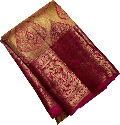 Exquisite Golden And Pink Handloom Kanjeevaram Pure Silk Saree - Luxurion World