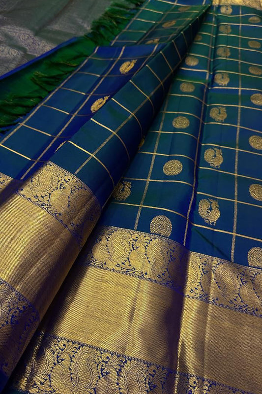 Blue Handloom Kanjeevaram Pure Silk Saree - Luxurion World