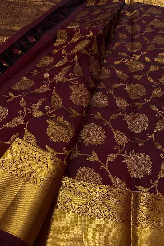 Maroon Handloom Kanjeevaram Pure Silk Saree - Luxurion World