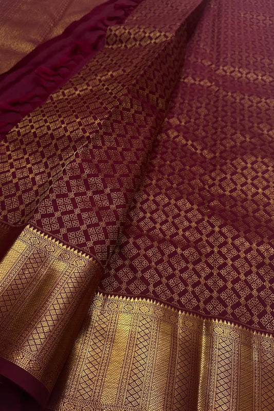 Elegant Maroon Handloom Kanjeevaram Pure Silk Saree - Luxurion World