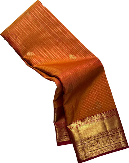 Orange Handloom Kanjeevaram Pure Silk Saree - Elegant and Luxurious - Luxurion World