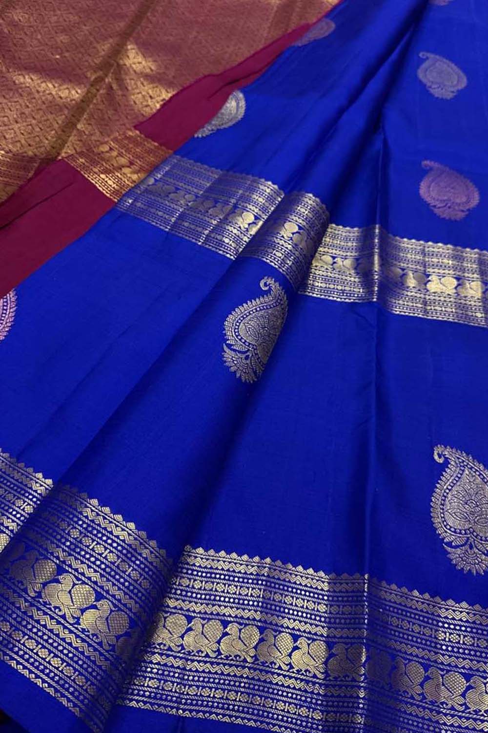 Blue Handloom Kanjeevaram Pure Silk Saree - Luxurion World
