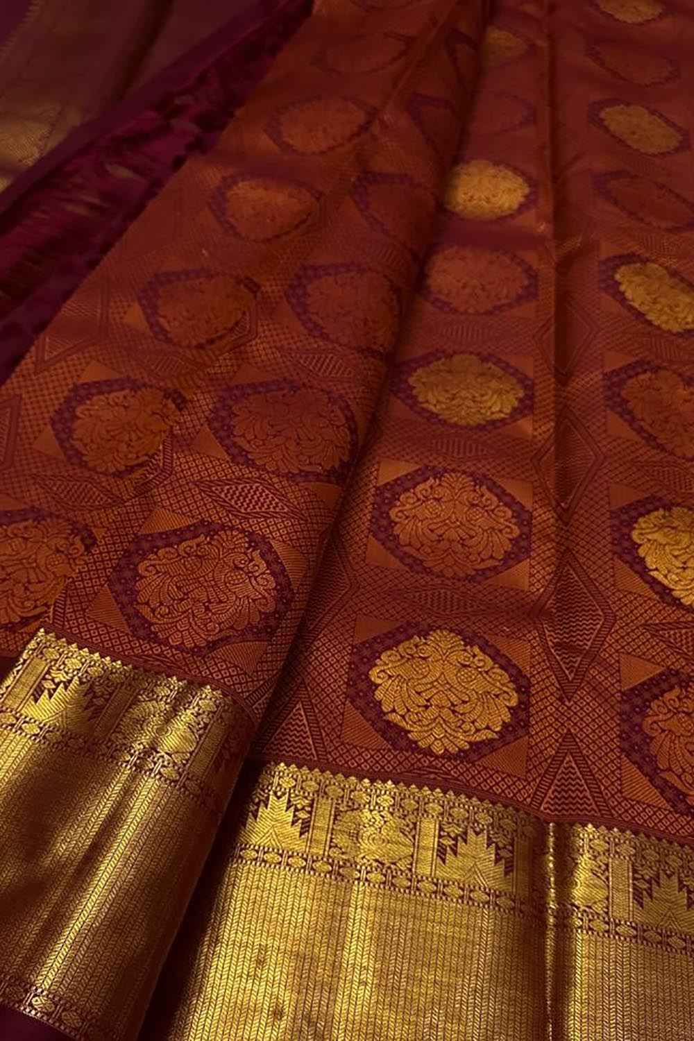 Exquisite Maroon Handloom Kanjeevaram Silk Saree - Luxurion World