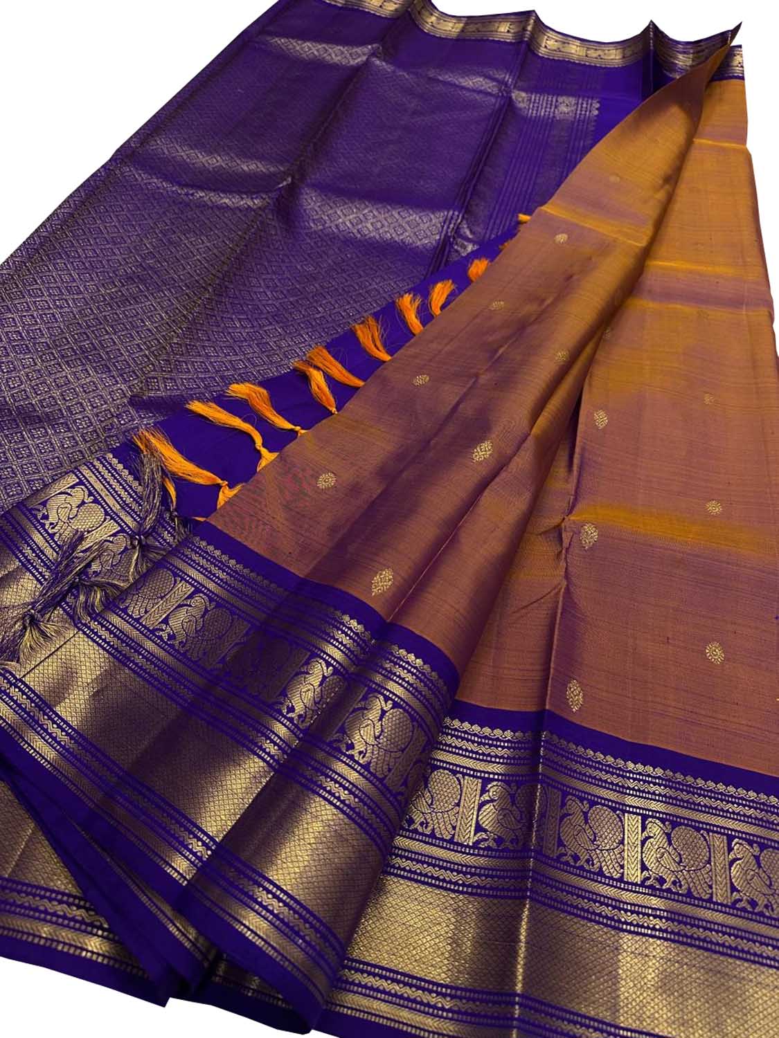 Brown Handloom Kanjeevaram Pure Silk  Booti Design Saree