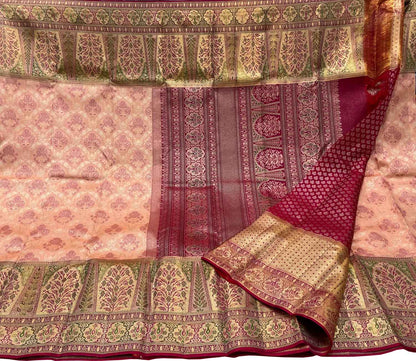 Peach Handloom Kanjeevaram Pure Silk Saree - Luxurion World