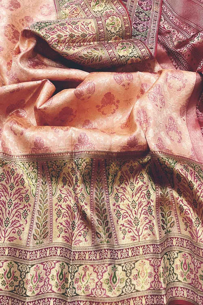 Peach Handloom Kanjeevaram Pure Silk Saree - Luxurion World