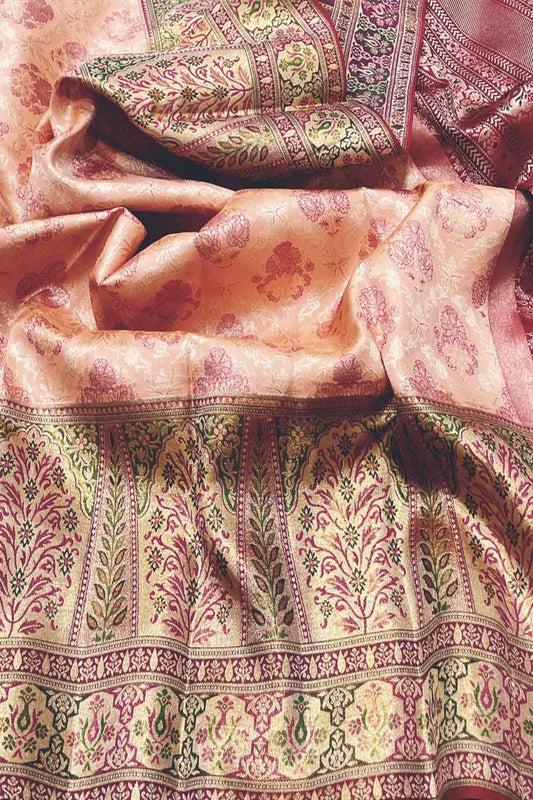 Peach Handloom Kanjeevaram Pure Silk Saree - Luxurion World