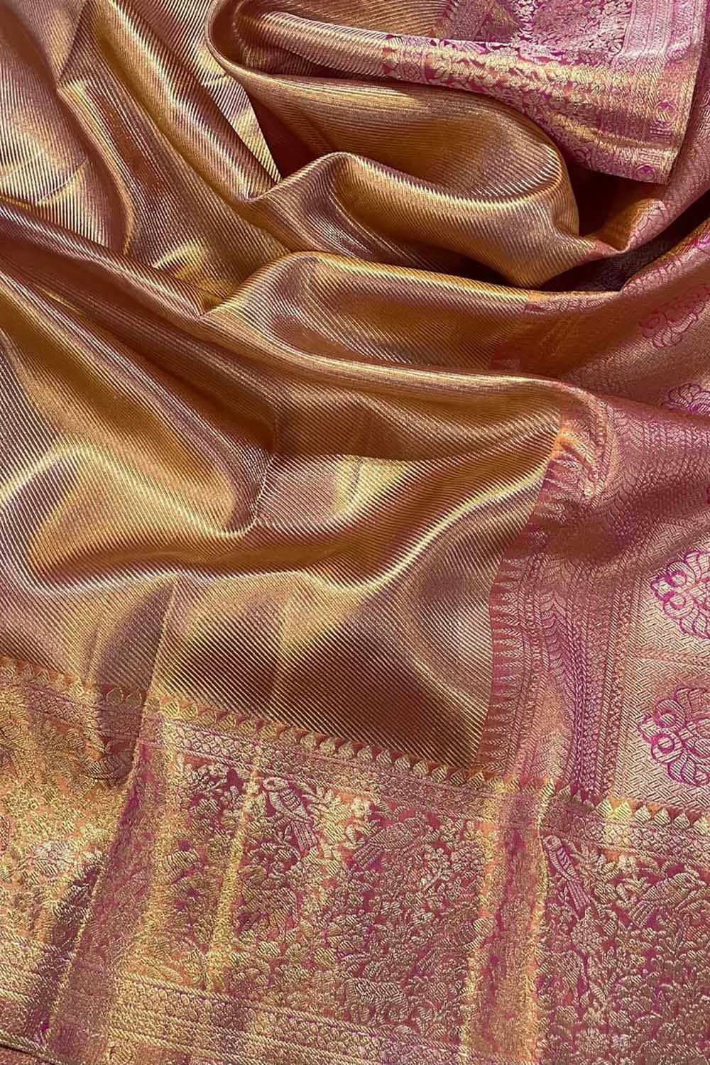 Exquisite Pink Kanjeevaram Pure Tissue Silk Bird And Flower Design Saree - Luxurion World