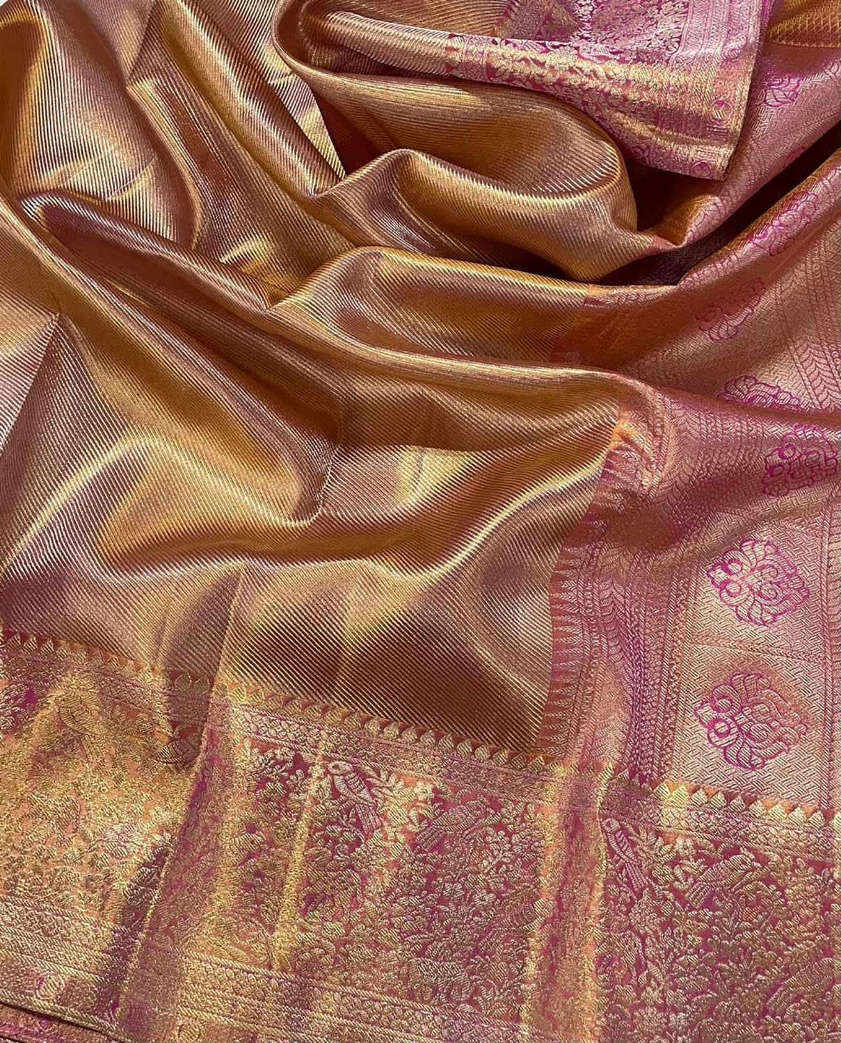 Exquisite Pink Kanjeevaram Pure Tissue Silk Bird And Flower Design Saree - Luxurion World