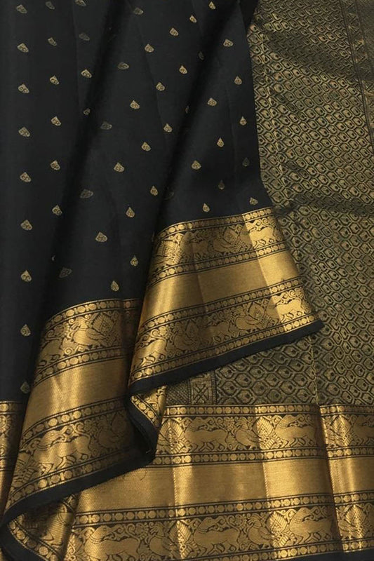 Exquisite Black Handloom Kanjeevaram Pure Silk Saree