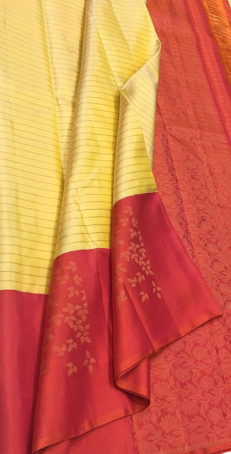 Yellow Handloom Kanjeevaram Pure Silk Saree - Elegant and Luxurious - Luxurion World