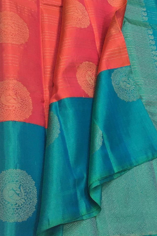 Orange Handloom Kanjeevaram Pure Silk Saree - Elegant and Luxurious - Luxurion World