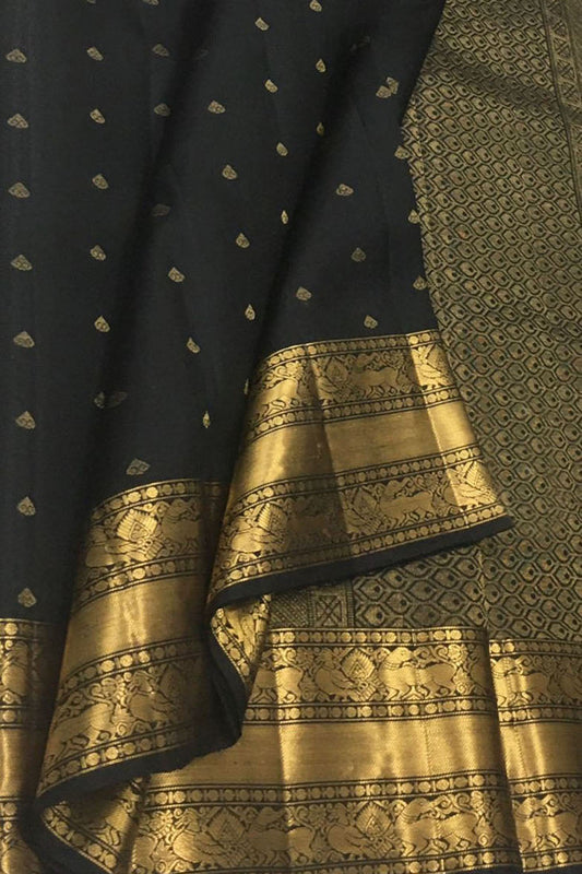 Exquisite Black Handloom Kanjeevaram Silk Saree - Luxurion World