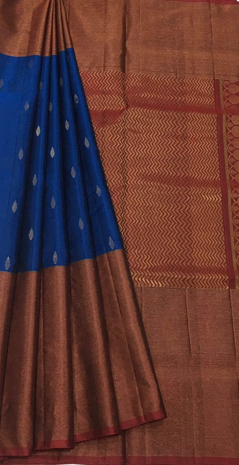 Blue Handloom Kanjeevaram Pure Silk Saree - Luxurion World