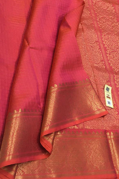 Stunning Pink Kanjeevaram Handloom Pure Silk Checks Design Saree - Luxurion World