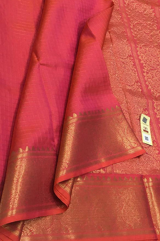 Stunning Pink Kanjeevaram Handloom Pure Silk Checks Design Saree - Luxurion World
