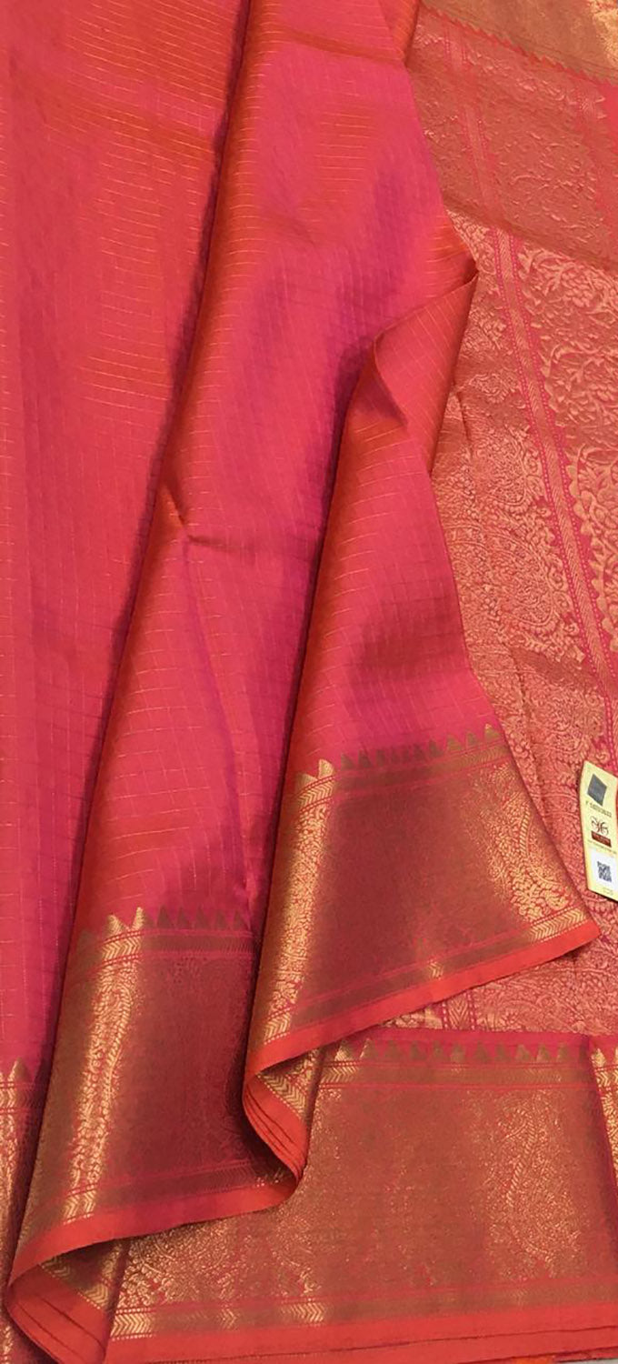 Stunning Pink Kanjeevaram Handloom Pure Silk Checks Design Saree - Luxurion World