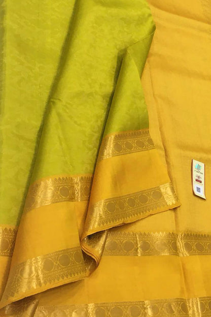 Green And Yellow Kanjeevaram Handloom Pure Silk Saree - Luxurion World