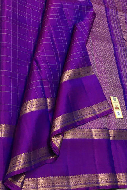Stunning Purple Kanjeevaram Handloom Pure Silk Checks Design Saree - Luxurion World