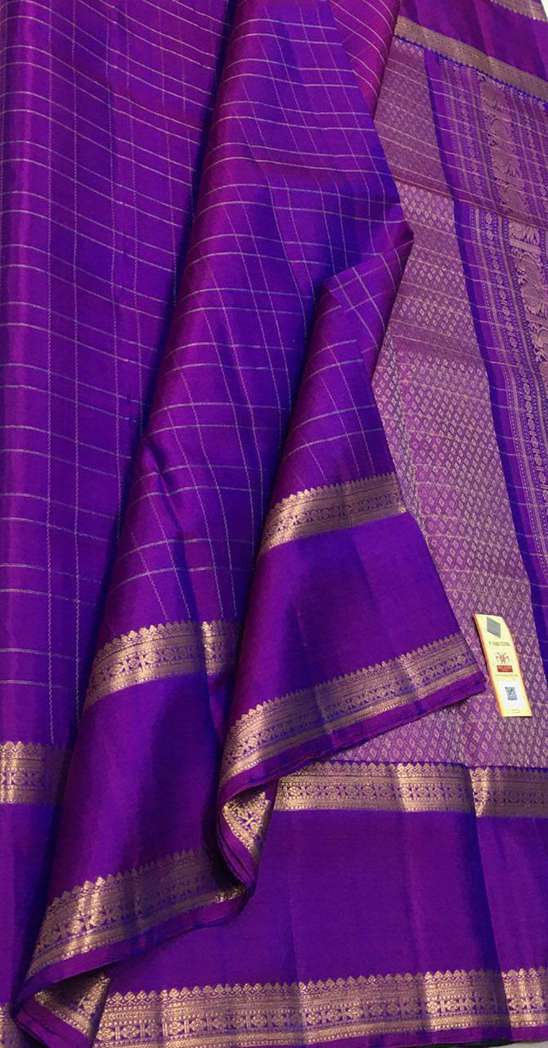 Stunning Purple Kanjeevaram Handloom Pure Silk Checks Design Saree - Luxurion World