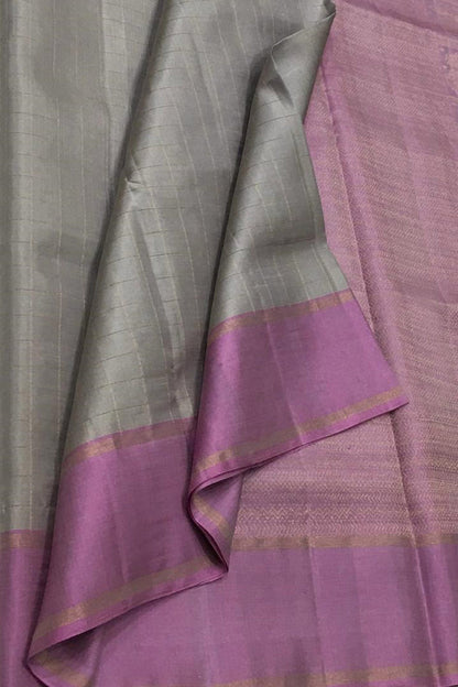 Grey Kanjeevaram Handloom Pure Silk Checks Design Saree - Luxurion World