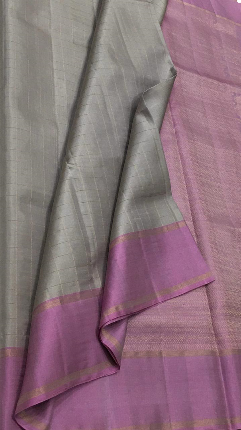 Grey Kanjeevaram Handloom Pure Silk Checks Design Saree - Luxurion World