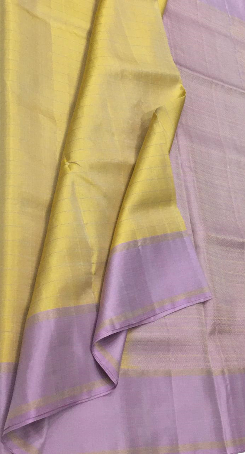 Yellow Kanjeevaram Handloom Pure Silk Checks Design Saree - Luxurion World