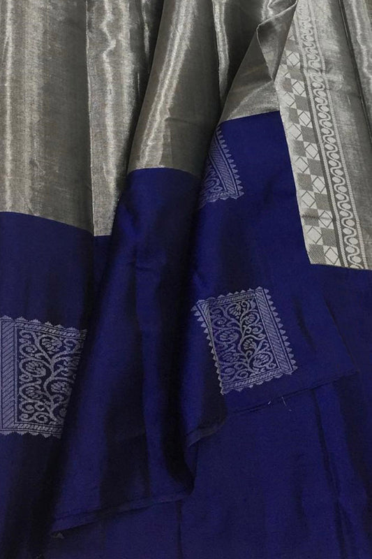 Elegant Grey & Blue Kanjeevaram Handloom Pure Tissue Silk Saree - Luxurion World