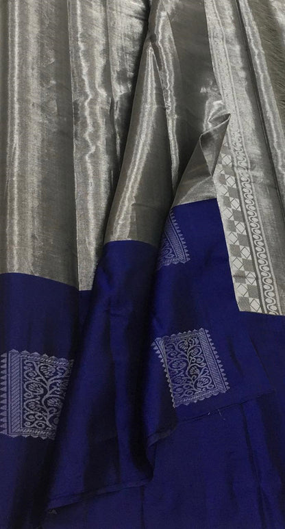 Elegant Grey & Blue Kanjeevaram Handloom Pure Tissue Silk Saree - Luxurion World