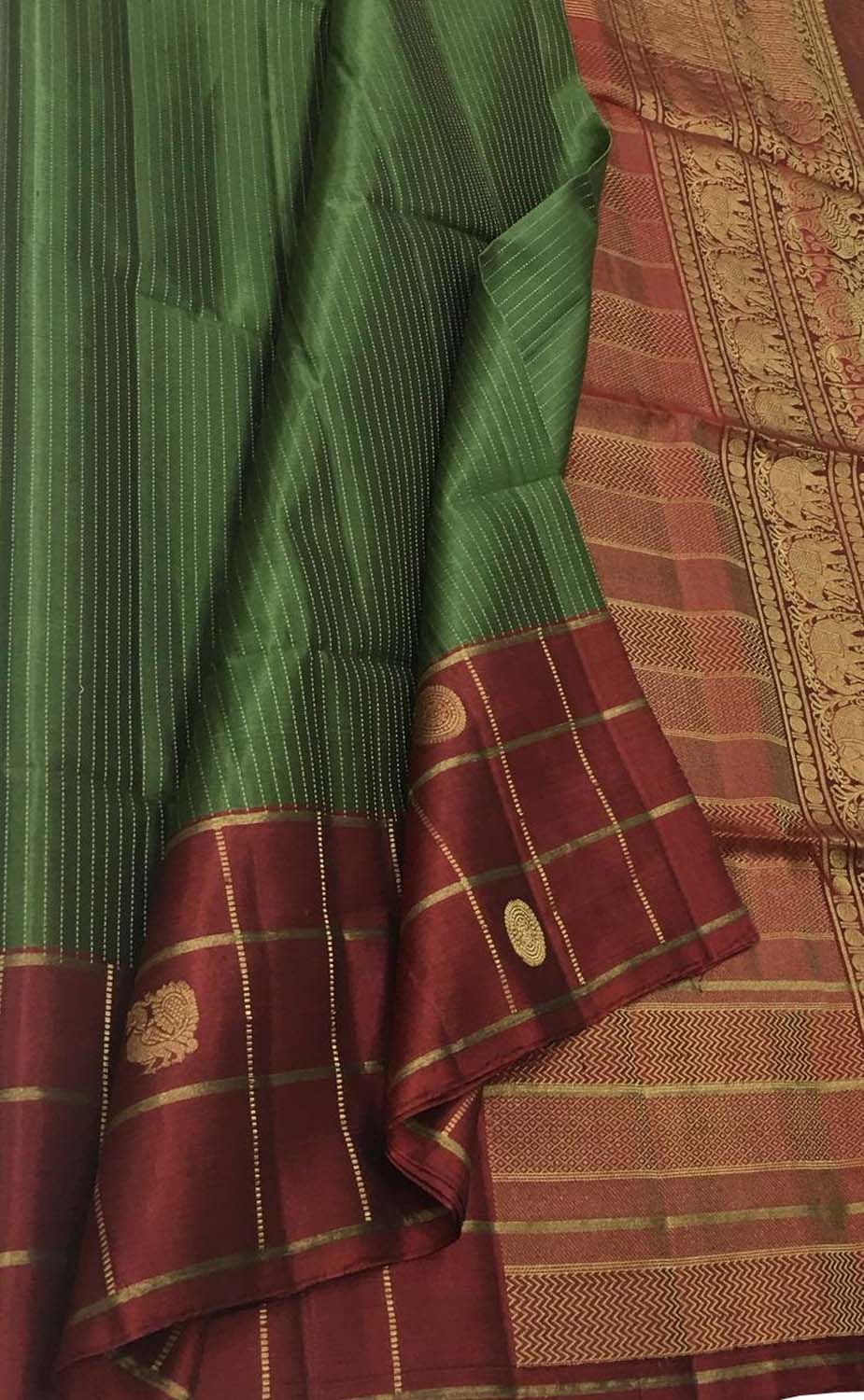 Green And Maroon Checks Kanjeevaram Handloom Pure Silk Saree - Luxurion World