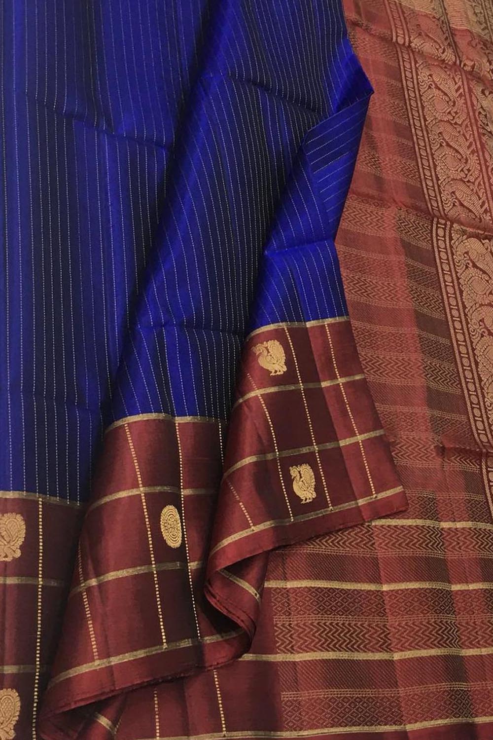 Blue And Maroon Checks Kanjeevaram Handloom Pure Silk Saree - Luxurion World
