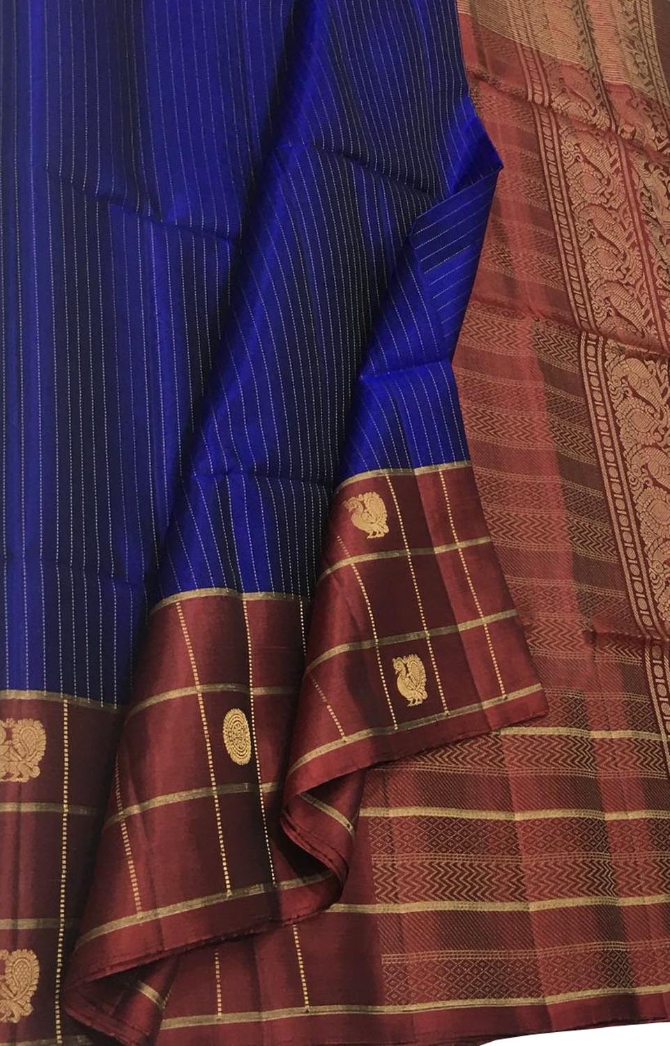 Blue And Maroon Checks Kanjeevaram Handloom Pure Silk Saree - Luxurion World