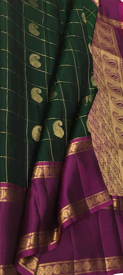 Green And Purple Kanjeevaram Handloom Pure Silk Saree - Luxurion World