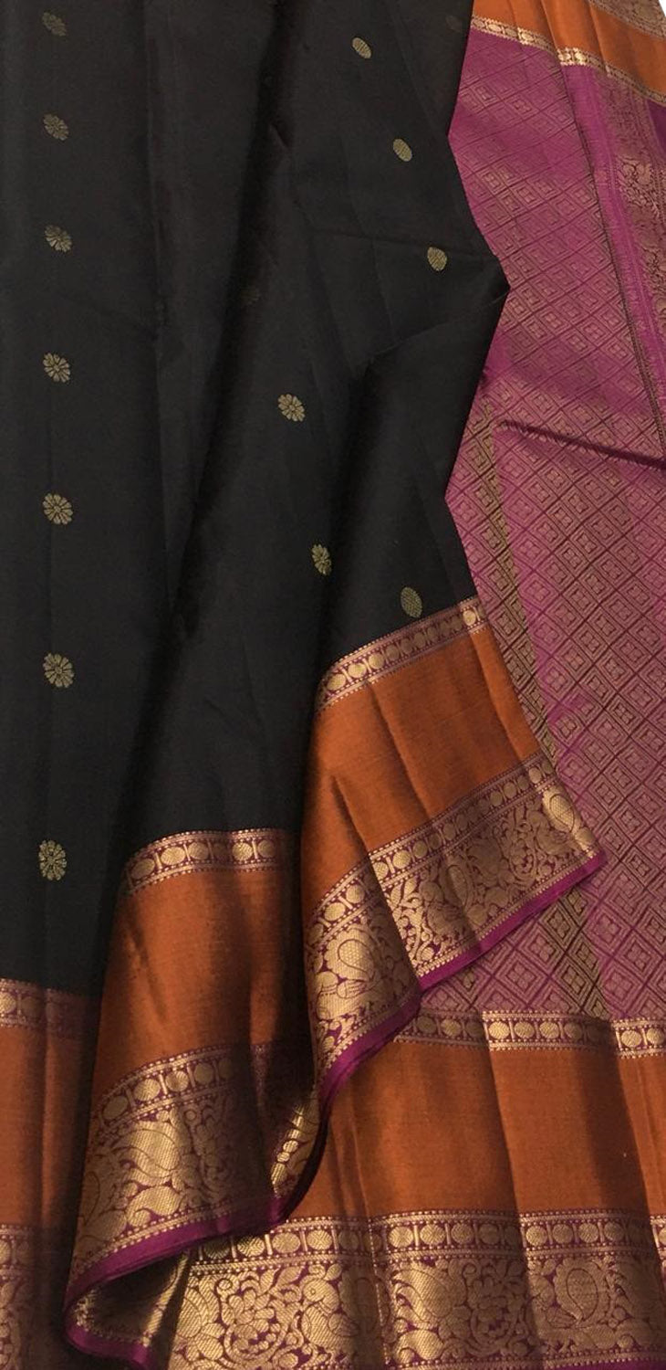 Elegant Black And Pink Kanjeevaram Handloom Pure Silk Saree - Luxurion World