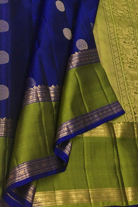 Blue And Green Kanjeevaram Handloom Pure Silk Saree - Luxurion World
