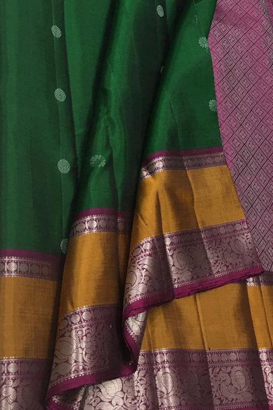 Green And Pink Kanjeevaram Handloom Pure Silk Saree - Luxurion World