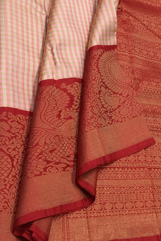 Stunning Pink And Red Checks Kanjeevaram Handloom Pure Silk Saree - Luxurion World